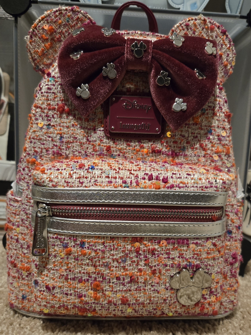 Loungefly Tweed Minnie Ear Mini Backpack in Pink, Burgundy & Orange
